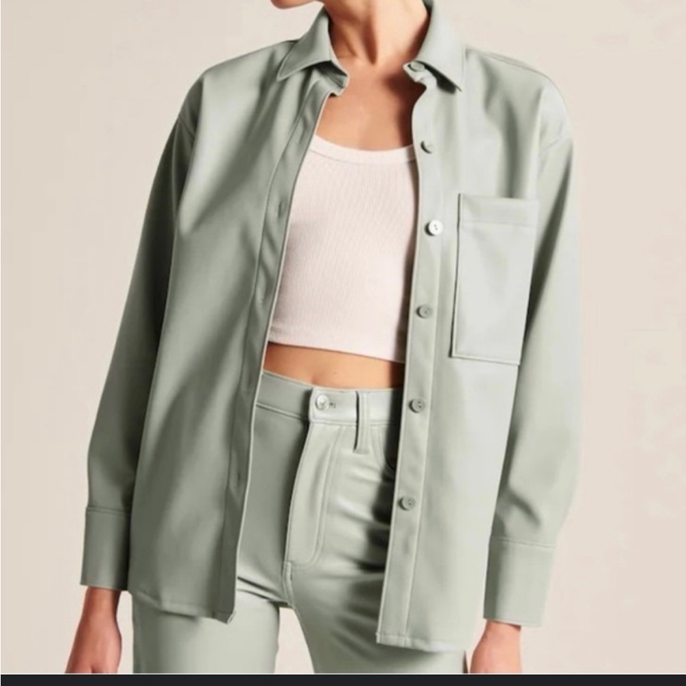 Abercrombie Light Green Button-Up vegan leather Shirt